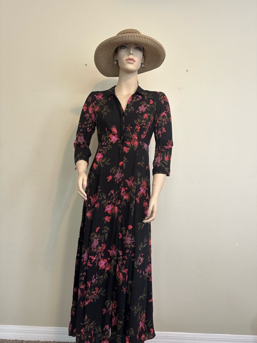ZARA Black Floral Viscose Button-Front Maxi Dress xs
